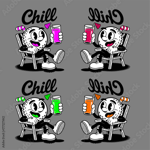 Retro cartoon golf ball character relaxing on a chair with a colorful drink and the word “Chill” above. Fun pop art style with four color variations on a gray background.