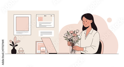 Woman Enjoying Flowers At Her Workspace With Laptop And Artistic Minimalist Design
