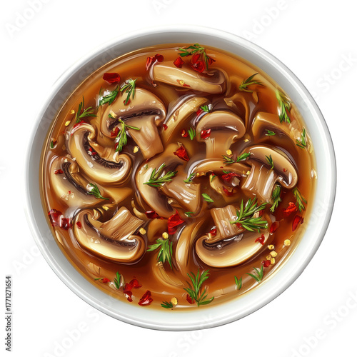 Savory Mushroom Soup with Fresh Herbs and Spices in a White Bowl on transparent background