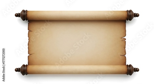 Blank antique parchment scroll unrolled with ornate carved wooden handles, isolated on a white background