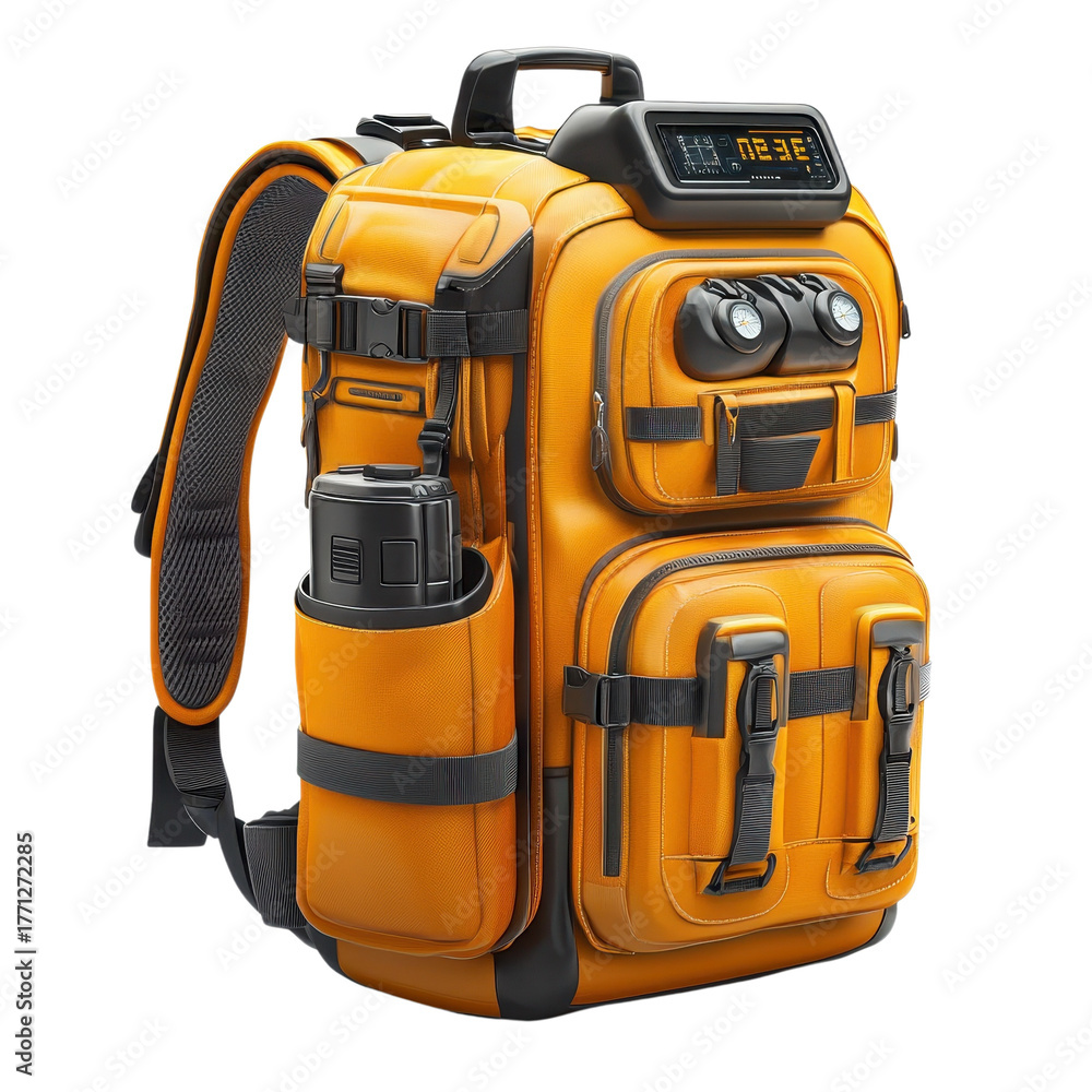 Fototapeta premium Futuristic orange backpack with digital display and compartments ideal for travel hiking or everyday carry showcasing modern design and functionality on transparent background