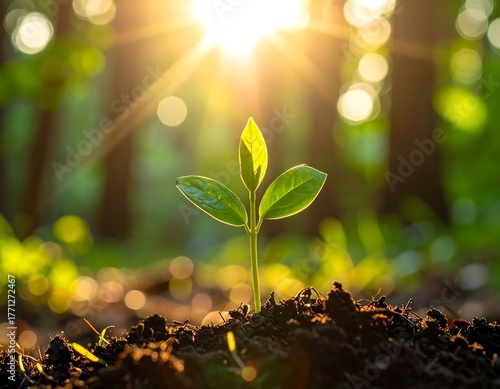 Small green seedling growing out of the soil, with a bright sunburst filtering through the trees in the background