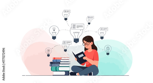 Woman Reading Books and Generating Innovative Ideas and Solutions for the Future
