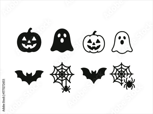 
Halloween flat icon pack pumpkin ghost bat spider we