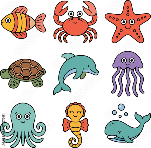 Cute Sea Animals Icon Set – Cartoon Ocean Creatures Vector: Fish, Crab, Starfish, Turtle, Dolphin, Jellyfish, Octopus, Seahorse, Whale