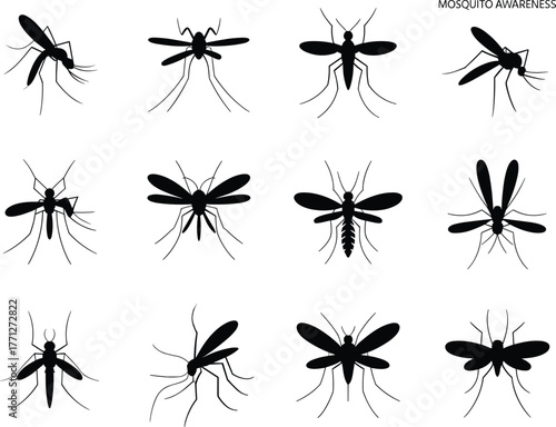 Mosquito awareness silhouette collection, insect pest vector illustration, disease spread prevention design, black mosquito outline art, cad drawing flat vector illustration