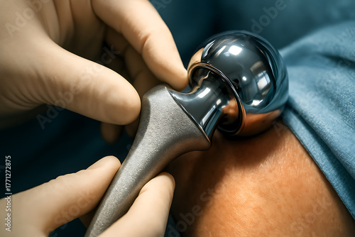 Close-up of a surgeon’s gloved hands positioning a metallic hip implant during orthopedic surgery. The polished surface reflects the sterile light, symbolizing precision, innovation, and the science o