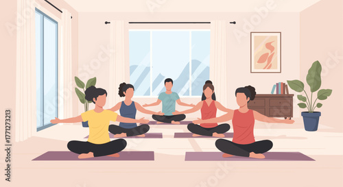 Group of People Practicing Yoga in a Bright Peaceful Room