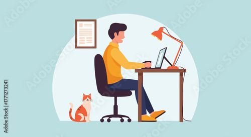 Man working on laptop with cat lamp and document illustration