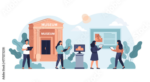 Museum Visitors Examining Exhibits and Using Digital Devices for Information