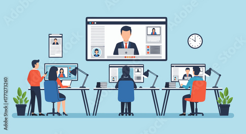 Modern Office Meeting Depicted with Video Conference and Remote Collaboration