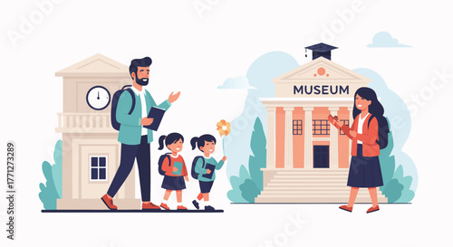 School Trip Teacher and Students Visiting a Museum Educational Illustration