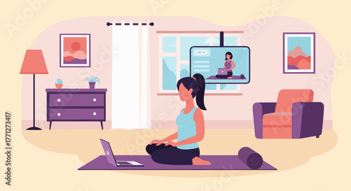 Woman Practicing Yoga with Laptop and Online Class in Home Setting