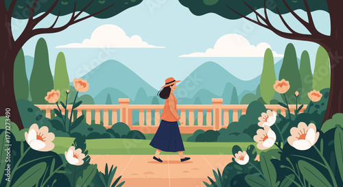 Woman strolling through a scenic garden with flowers and mountains in the background