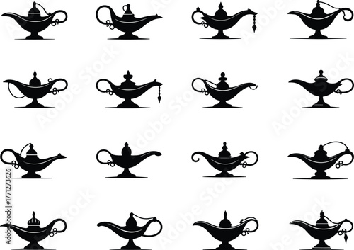 Magic lamp silhouette vector, antique oil lamp design, Arabian genie lamp illustration, mystical object, cad drawing flat vector illustration