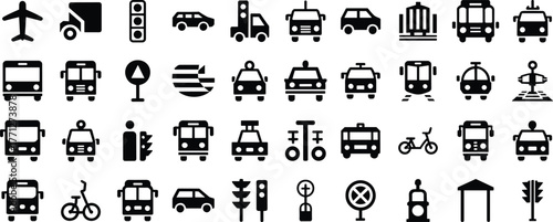 Transportation icons collection, vehicle silhouettes, car, bus, taxi, bicycle, airplane, metro, traffic signals, public transport, travel elements, urban mobility