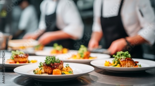 Wallpaper Mural In a vibrant kitchen setting, skilled chefs in crisp uniforms prepare exquisite dishes, focused on plating gourmet meals with precision and care, creating a feast for the senses Torontodigital.ca