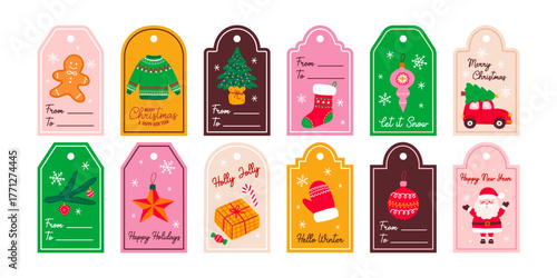 Merry Christmas gift tags holiday design labels, cards, sticker. Cute elements set for winter. Vector collection hand drawn illustration xmas tree, wreath, present, santa and deer
