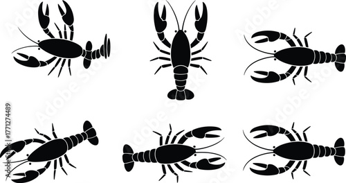 Lobster silhouette set, seafood animal illustration, marine creature graphic, crustacean drawing, fishing design element, cad drawing flat vector illustration