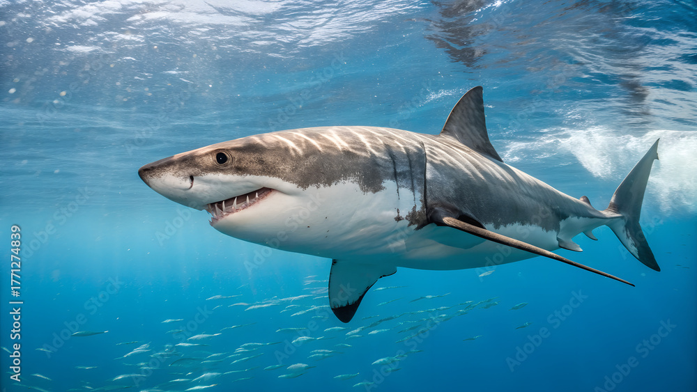 Naklejka premium Great White Shark Swimming in Clear Blue Ocean Water - Predator Marine Wildlife