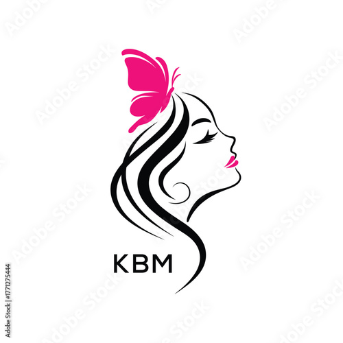 KBM Elegant Beauty Woman Logo. KBM with Butterfly Feminine Salon & Spa Branding. KBM Luxury Beauty Icon Design.
