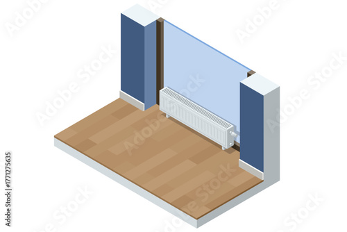 Isometric interior with modern radiator heater under window. Concept of home heating, warmth, and energy-efficient temperature system.