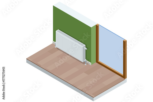 Isometric room interior with wall radiator heater. Concept of indoor heating, temperature regulation, and energy-efficient climate system.