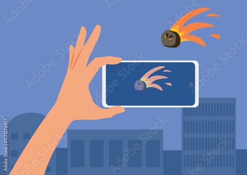 Person Filming a Meteorite Bringing  End of the World Vector Illustration. Ocular witness making a video of the apocalyptic impact of a celestial body to Earth 

