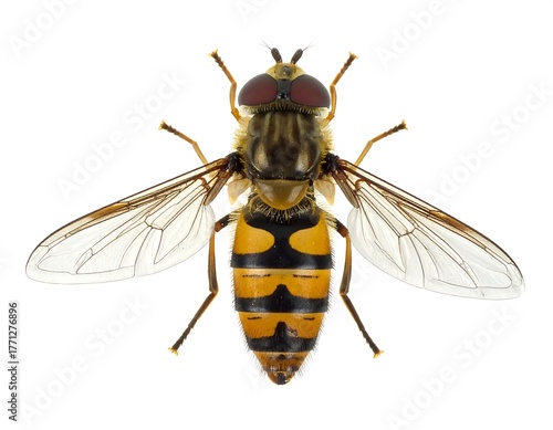 Overhead view of a striped hoverfly with detailed wings and antennae