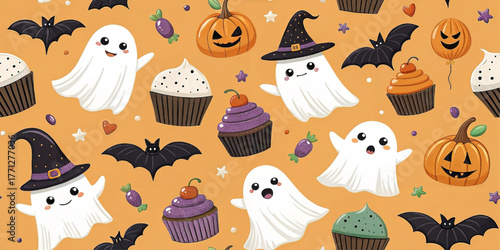Halloween pattern with ghost, pumpkin, bat, cupcake, candy on orange background, sweet festive design, cartoon vector illustration for bakery, party, kitchen decor.