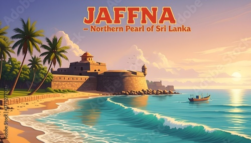 Retro-style travel poster of Jaffna Fort in Sri Lanka by the turquoise sea at sunset, palm trees and stone walls glowing in warm light, vintage