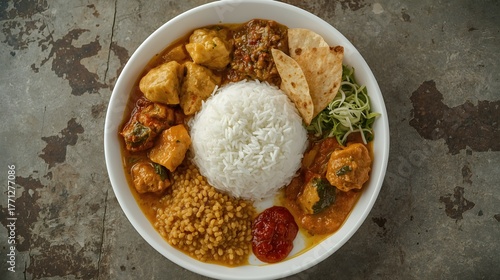 Traditional Sri Lankan rice and curry with colorful side dishes, dhal, coconut sambol, papadam, and spicy chicken curry, authentic South Asian cuisine, vibrant tropical food ph