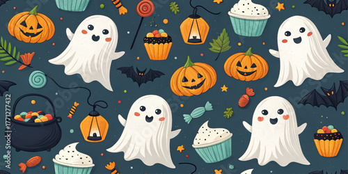 Halloween pattern with ghost, pumpkin, bat, cupcake, candy, lantern on navy background, festive design for party, home, product, cartoon vector illustration.