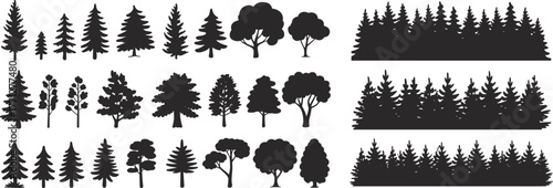 Tree silhouettes and forest landscape, pine trees, deciduous trees, woodland nature, evergreen plants, outdoor scenery, natural environment, park illustration, greenery, jungle