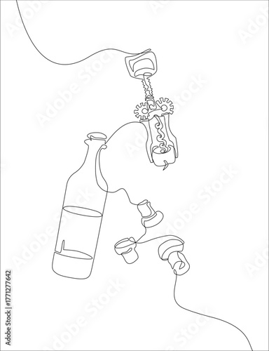 Continuous one line drawing of a wine bottle with corkscrew and three corks, expressing minimalist elegance and balance in modern line art style, Vector Editable stroke.