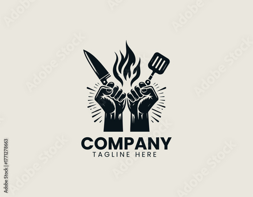 Strong hands holding kitchen knife and spatula with flame background in black and white vector logo design illustration