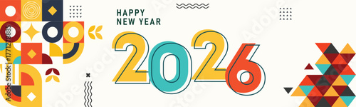 Happy New Year 2026 Design with Abstract Geometric Shapes and Calligraphy, Vector Illustration