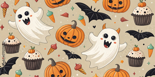 Halloween pattern with horned ghost, pumpkin, bat, cupcake, ice cream on beige background, whimsical festive design, cartoon vector illustration for party, kids, home decor.
