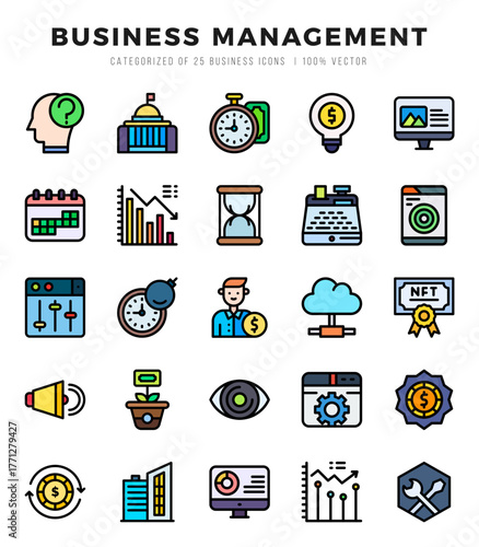 Business Management Icons Pack. Lineal Color icons set. Lineal Color icon collection set.