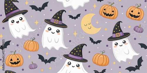 Halloween pattern with ghost in witch hat, pumpkin, bat, crescent moon, star on purple background, magical festive design, cartoon vector illustration for decor, card, party.