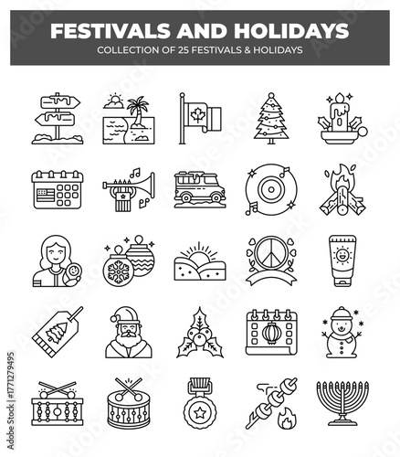 Collection of 25 Festivals and Holidays. Line Icons Pack