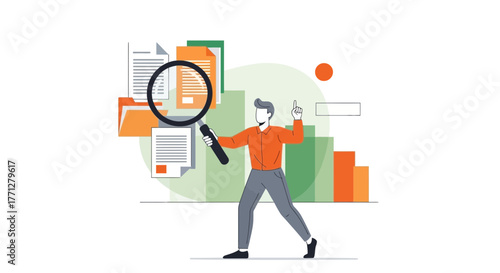 Analyst Conducting Research With A Magnifying Glass in Orange Uniform Illustration