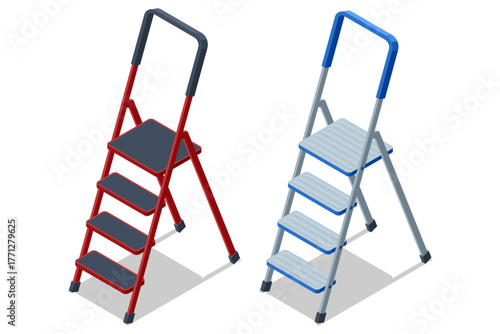 Isometric metal step ladders in red and blue colors. Concept of home repair, maintenance, construction, and DIY equipment.