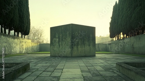 Aldo Rossi's San Cataldo Cemetery Cube of Silent Memory: The cube ossuary at San Cataldo, Rossi's design, its windowless facade made of stone that seems to absorb sound and light, emanating a profound