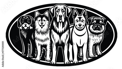 Woodcut Style Dog Friends Illustration for Pet Related Designs