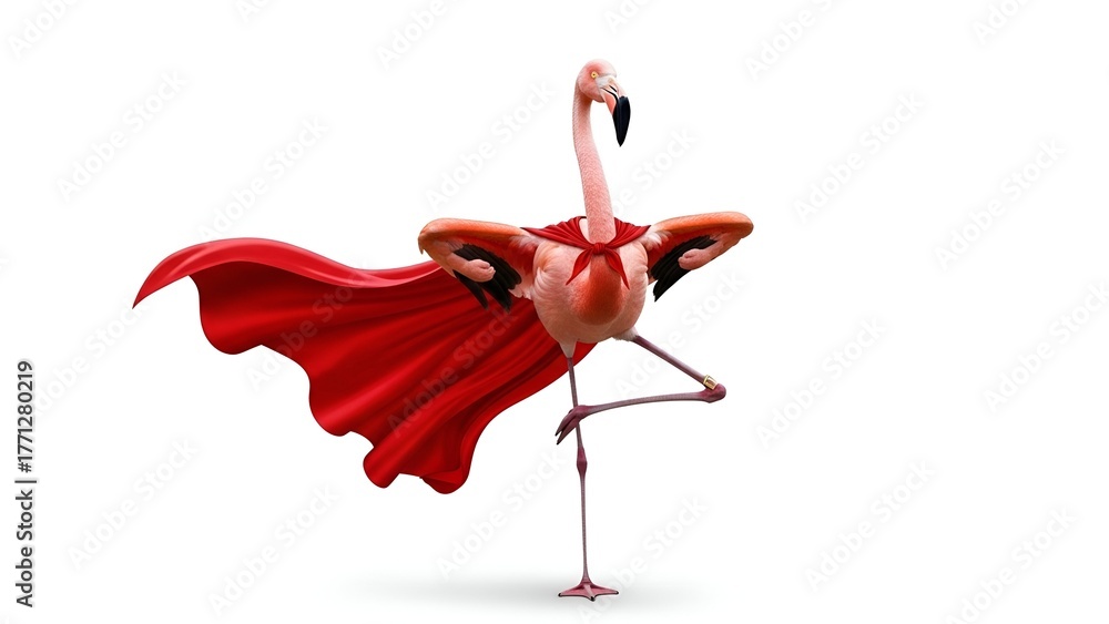 Fototapeta premium Majestic Flamingo Transforms into a Fearless Superhero, Standing Tall and Proud in a Dramatic Red Cloak and Striking a Confident Pose
