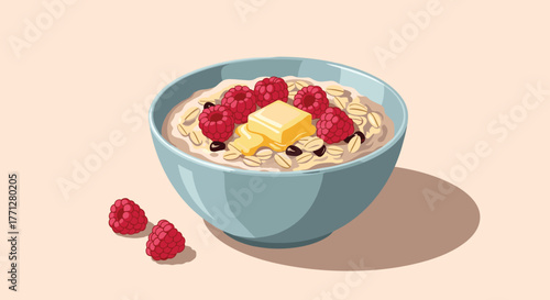 A warm bowl of healthy oatmeal topped with fresh red raspberries and melting butter, served on a minimalist light background.