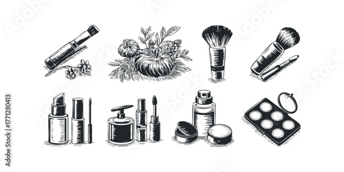 Set of hand drawn cosmetic and autumn harvest items