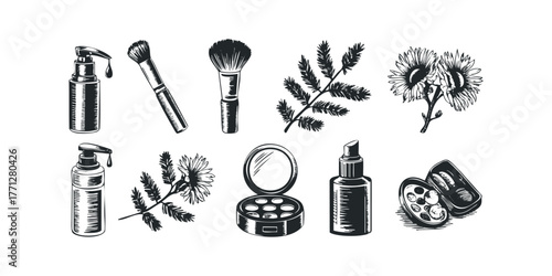 Collection of Vintage Cosmetics and Botanical Elements