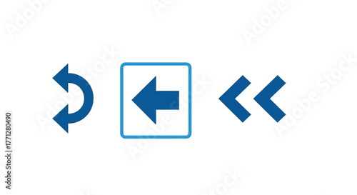 Vector illustration of a set of blue arrow icons pointing left, including a curved arrow, an arrow in a square, and double arrows